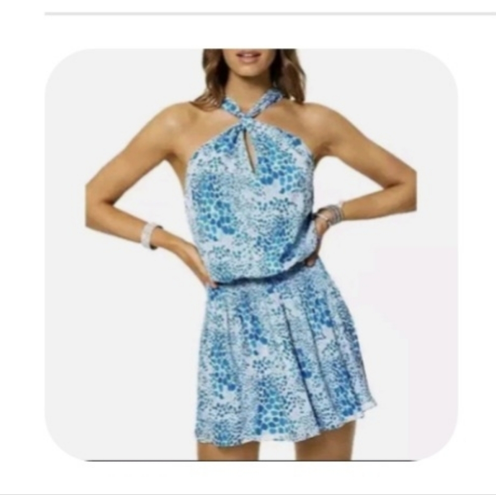 NWOT - Ramy Brook Blue and White Animal Print Halter Dress - Size 4